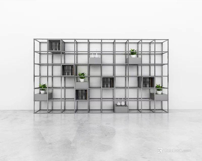 Gray Metal Storage Shelf With Books Small Plants White Items On White Wall Gray Floor 3d model 