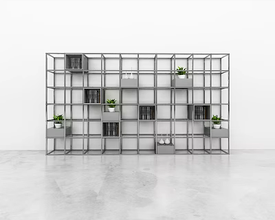Gray Metal Storage Shelf With Books Small Plants White Items On White Wall Gray Floor 3d model