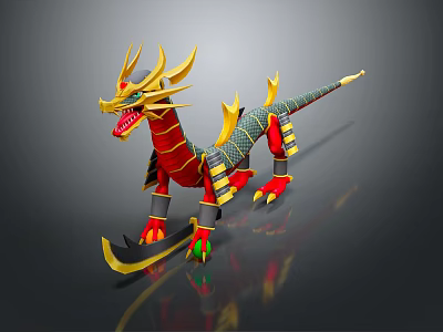 Red Gold Green Mythical 3D Dragon Figure With Sharp Claws Curved Horns And Long Tail 3d model