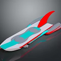 Modern Streamlined Water Craft Featuring White Blue Red Gray Accents and Tail Fin Design