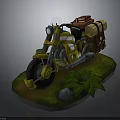 Yellow Motorcycle With Brown Luggage Bags On Green Grass Surrounded By Plants And Stone