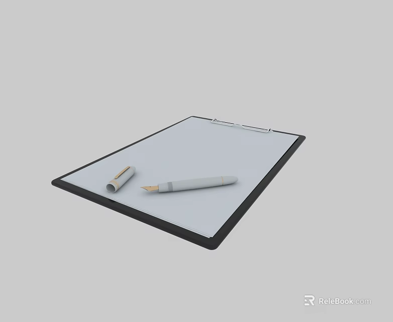 Notebook With Clipboard White Paper Pencil And Rolled Paper On Gray Background 3d model 