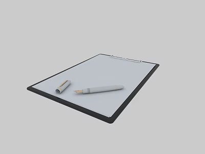 Notebook With Clipboard White Paper Pencil And Rolled Paper On Gray Background 3d model