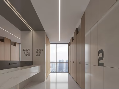 Modern Public Restroom With Wooden Cubicles Marble Countertop Mirrors And Large Windows 3d model