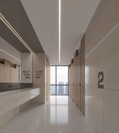 Modern Public Restroom With Wooden Cubicles Marble Countertop Mirrors And Large Windows 3d model