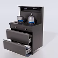 Kitchen Appliance Unit With Gas Stove And Open Drawers Holding White Pots