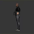 Man in POLICE vest with sunglasses black top and pants arms outstretched on gray background