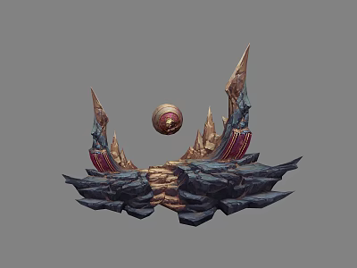 Cartoon Fantasy Scene With Floating Sphere And Surrounding Rock Spire Structures And Decorative Patterns 3d model