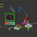 Vintage Computer Display With Antenna Black Desk Lamp And Miniature Toys