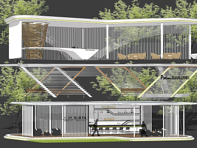 Modern Garden Landscape Design With Architectural Structure Green Trees And Wooden Screens 3d model