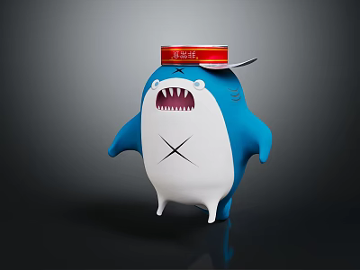 Cartoon Blue Shark Character Wearing Red Can Hat Five Years Aged Label Stitched X Face 3d model