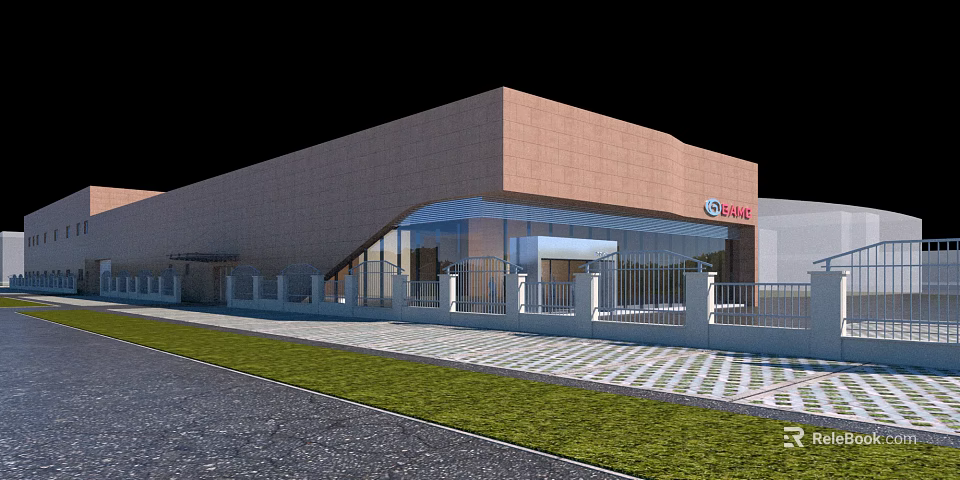 GAMA Building Exterior With Brown Walls Glass Curtain And Canopy Railing Grass Area 3d model 