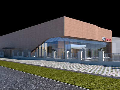 GAMA Building Exterior With Brown Walls Glass Curtain And Canopy Railing Grass Area 3d model