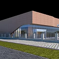 GAMA Building Exterior With Brown Walls Glass Curtain And Canopy Railing Grass Area