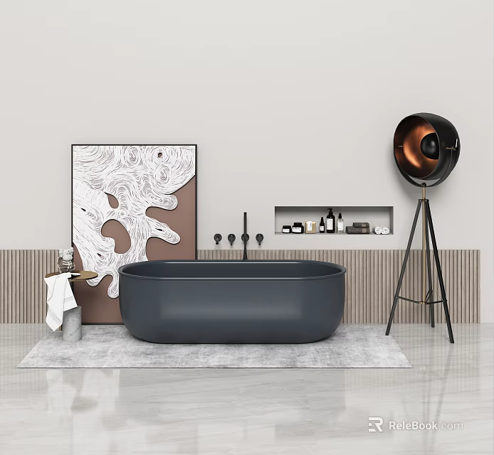 Black Bathtub in Modern Bathroom Interior with Decorative Painting Copper Floor Lamp and Bath Products 3d model 