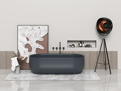 Black Bathtub in Modern Bathroom Interior with Decorative Painting Copper Floor Lamp and Bath Products 3d model