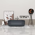 Black Bathtub in Modern Bathroom Interior with Decorative Painting Copper Floor Lamp and Bath Products