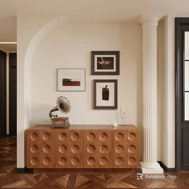 Elegant Wooden Entryway Console Cabinet with Circular Cutouts Phonograph Decor and Framed Artworks Near Column 3d model 