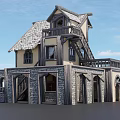 Traditional Stone Base Two Story Cottage With Yellow Walls Gray Roof And Balcony
