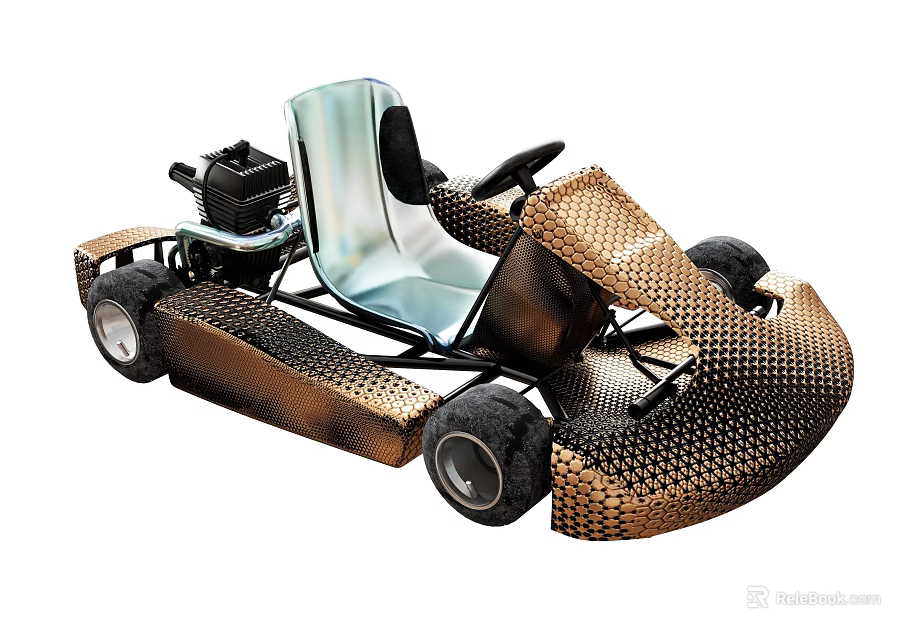 Metallic Mesh Go Kart With Light Blue Seat Steering Wheel And Wheels 3d model 