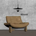 Minotti Golden Leather Leisure Chair Against Gray Wall With Pendant Light And Wooden Floor