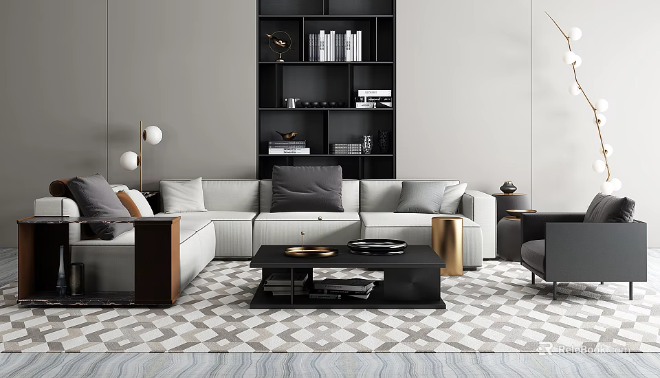 Modern Light Gray Sofa And Black Coffee Table Set With Bookshelf And Patterned Area Rug 3d model