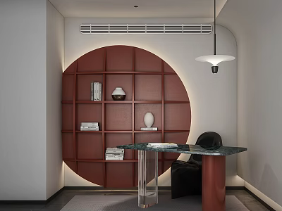 Modern Study Room With Circular Red Bookshelf Black Marble Table Transparent Legs And Black Chair 3d model