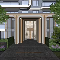 Modern Building Entrance Feature Wall With Green Trees Shrubs Glass And Stone Pavement