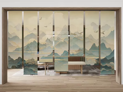 Decorative Glass Partition With Mountain Landscape And Flying Birds In Interior Space 3d model