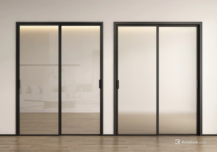 Interior Sliding Doors With Black Frames Frosted Glass And Wooden Floor Design 3d model 
