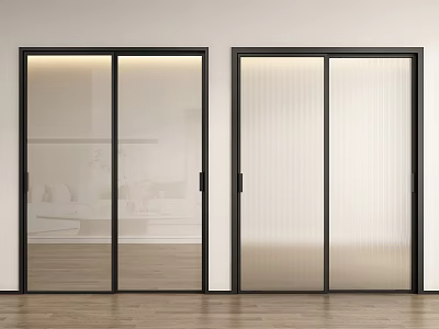 Interior Sliding Doors With Black Frames Frosted Glass And Wooden Floor Design 3d model