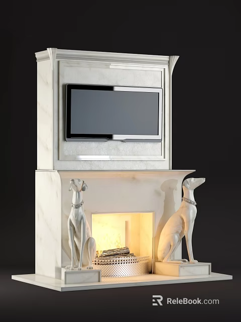 White Marble Fireplace With TV Above And Greyhound Statues On Sides With Burning Fire 3d model 