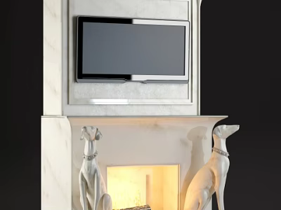 White Marble Fireplace With TV Above And Greyhound Statues On Sides With Burning Fire 3d model