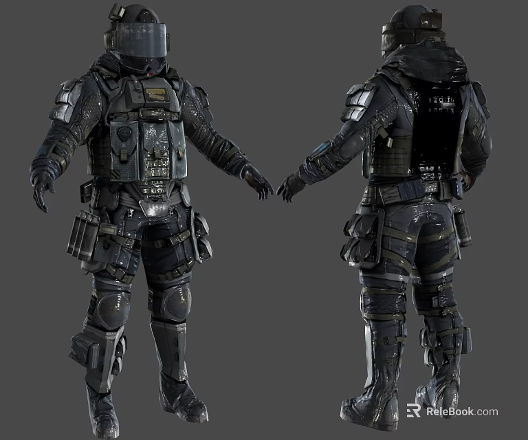 Man in Full Body Black Tactical Armor With Front and Back Views 3d model