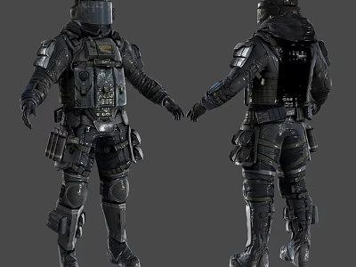 Man in Full Body Black Tactical Armor With Front and Back Views 3d model