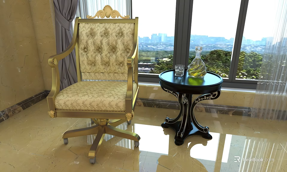 Luxurious Leisure Chair With Golden Frame Patterned Fabric Small Round Table By Window City View 3d model 