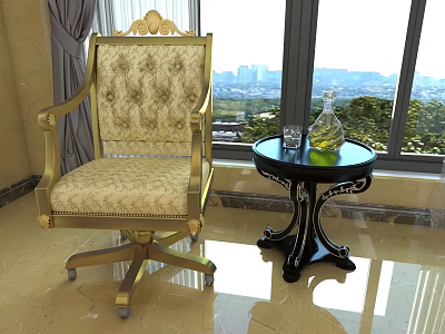 Luxurious Leisure Chair With Golden Frame Patterned Fabric Small Round Table By Window City View 3d model
