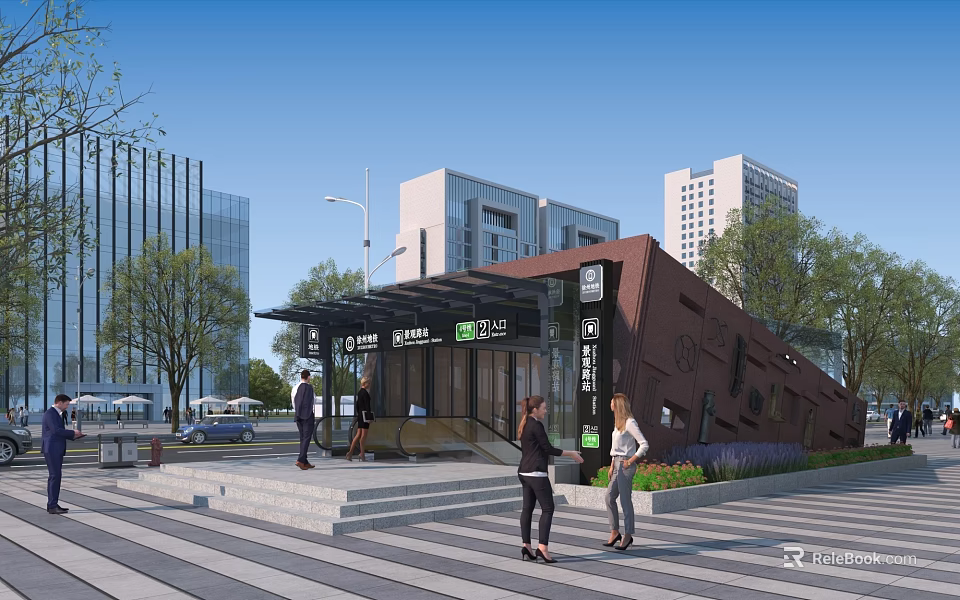 Modern Metro Station Entrance With Canopy Pedestrians Trees And Near Buildings 3d model 
