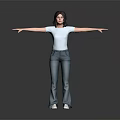 Woman in White T-shirt and Blue Jeans Standing with Arms Outstretched on Gray Background