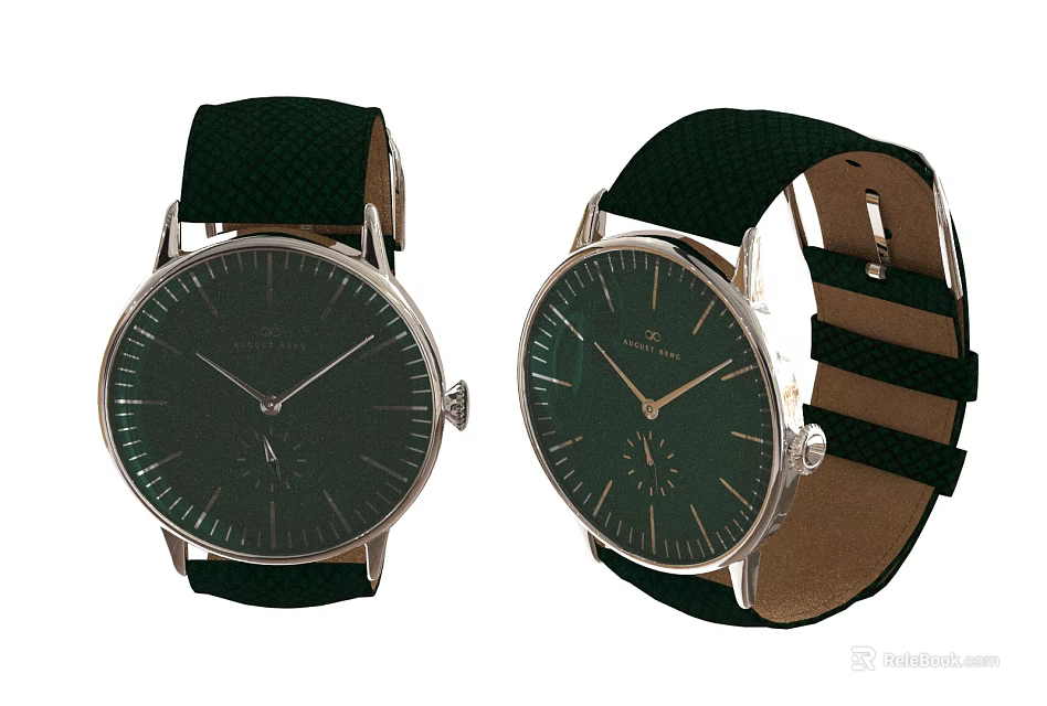 Two Green Dial Watches With Fabric Straps And Silver Minimalist Design 3d model 