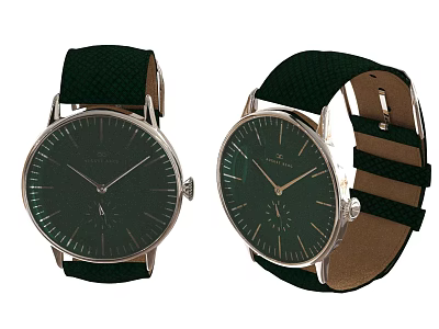 Two Green Dial Watches With Fabric Straps And Silver Minimalist Design 3d model