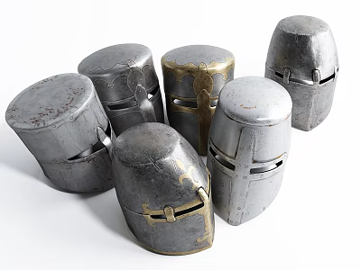 Vintage Medieval Metal Helmets With Various Designs And Detailed Worn Texture 3d model