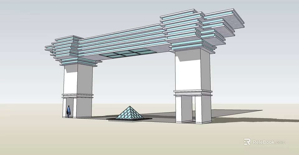 Modern Entrance Gate With White Columns And Layered Glass Top And Pyramid Shaped Decoration 3d model 