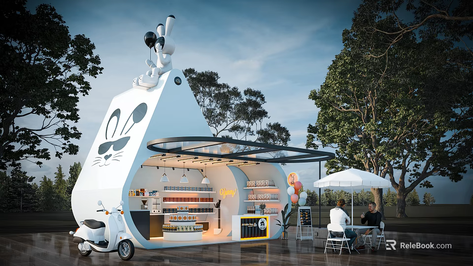 Cute Rabbit Shaped Outdoor Shop With Snoopy Doll Shelves Tables And White Scooter 3d model 