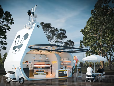 Cute Rabbit Shaped Outdoor Shop With Snoopy Doll Shelves Tables And White Scooter 3d model