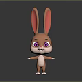 Cute Brown Cartoon Rabbit With Big Pink Ears And Purple Eyes