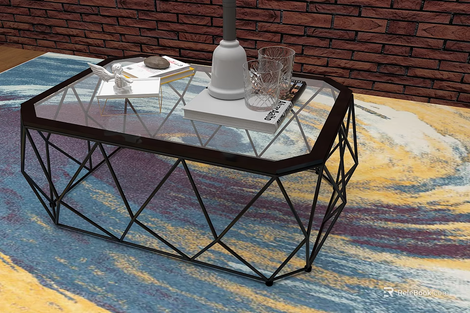 Modern Coffee Table With Glass Top Black Geometric Frame Lamp Glass Cup Magazine Colorful Carpet 3d model 