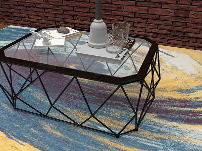 Modern Coffee Table With Glass Top Black Geometric Frame Lamp Glass Cup Magazine Colorful Carpet 3d model