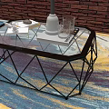 Modern Coffee Table With Glass Top Black Geometric Frame Lamp Glass Cup Magazine Colorful Carpet