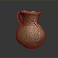 Ancient Clay Jug Pottery Sculpture With Handle Cracked Surface And Geometric Patterns